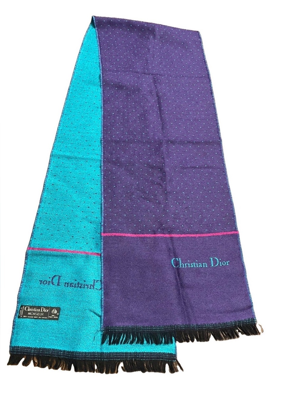 Vtg Christian Dior Monsieur Wool Scarf Purple Teal Reversible Polka Dot fringe